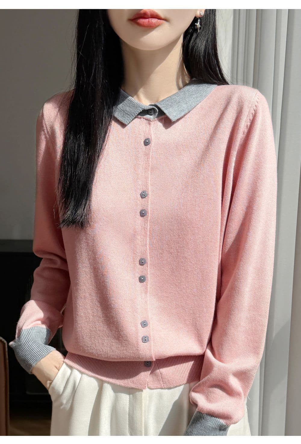프랑스식 배색 POLO 칼라 양모 니트 오픈 가디건 여성 새로운 패션 외국 가스 스웨터 두꺼운 캐주얼 기본 셔츠 상세 이미지 3