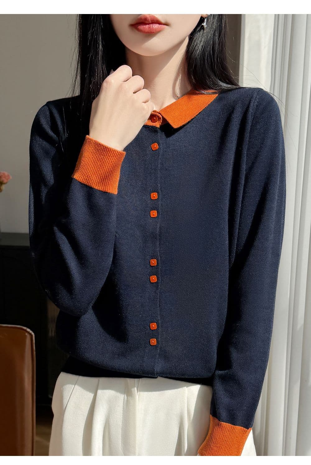 프랑스식 배색 POLO 칼라 양모 니트 오픈 가디건 여성 새로운 패션 외국 가스 스웨터 두꺼운 캐주얼 기본 셔츠 상세 이미지 5