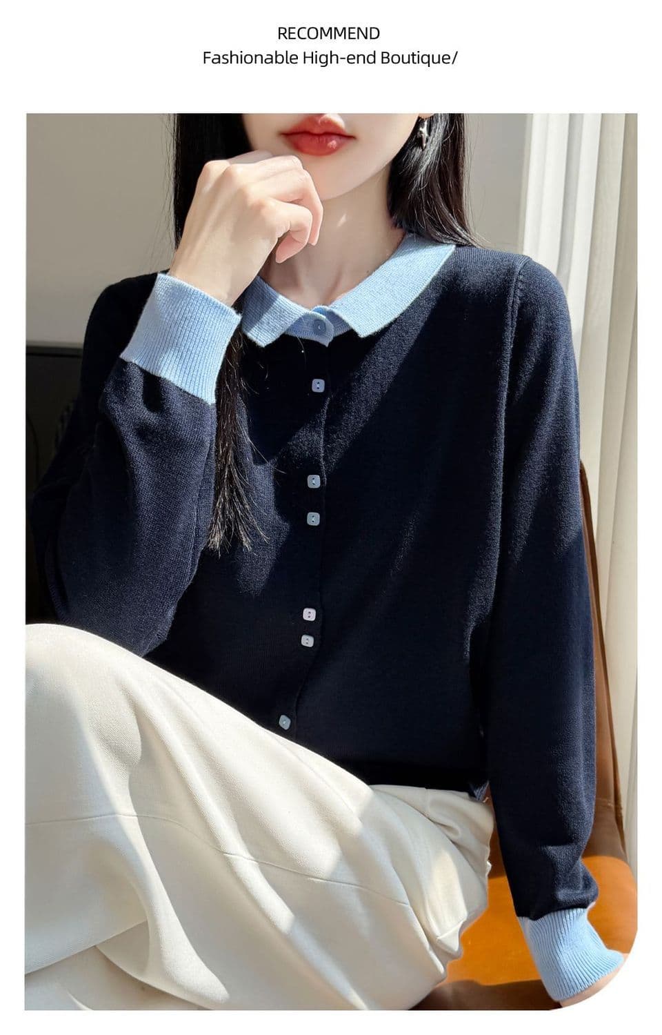 프랑스식 배색 POLO 칼라 양모 니트 오픈 가디건 여성 새로운 패션 외국 가스 스웨터 두꺼운 캐주얼 기본 셔츠 상세 이미지 18
