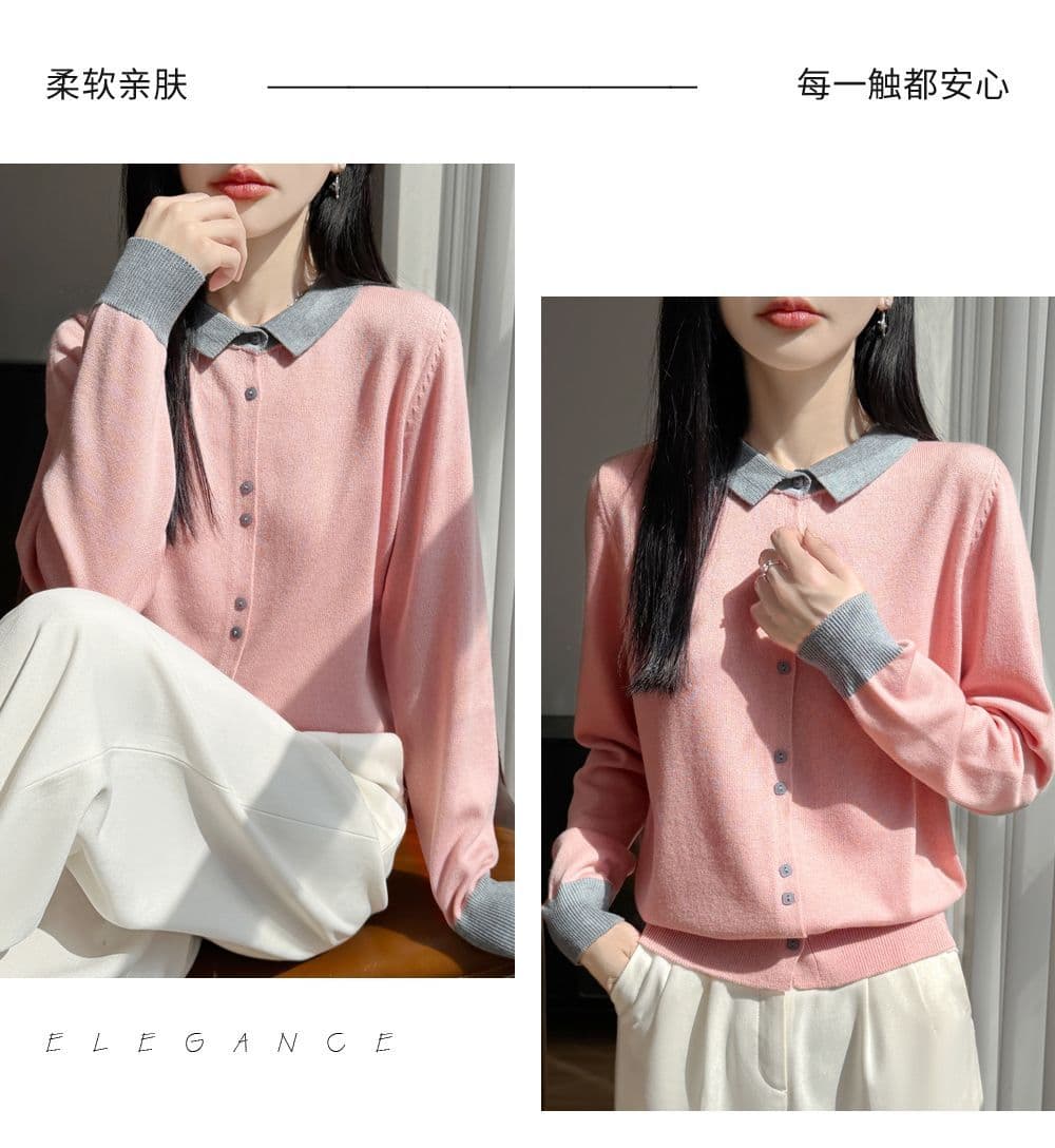 프랑스식 배색 POLO 칼라 양모 니트 오픈 가디건 여성 새로운 패션 외국 가스 스웨터 두꺼운 캐주얼 기본 셔츠 상세 이미지 24