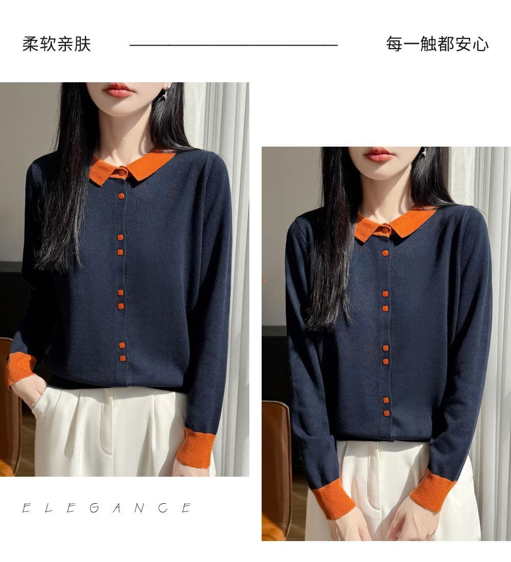 프랑스식 배색 POLO 칼라 양모 니트 오픈 가디건 여성 새로운 패션 외국 가스 스웨터 두꺼운 캐주얼 기본 셔츠 상세 이미지 28