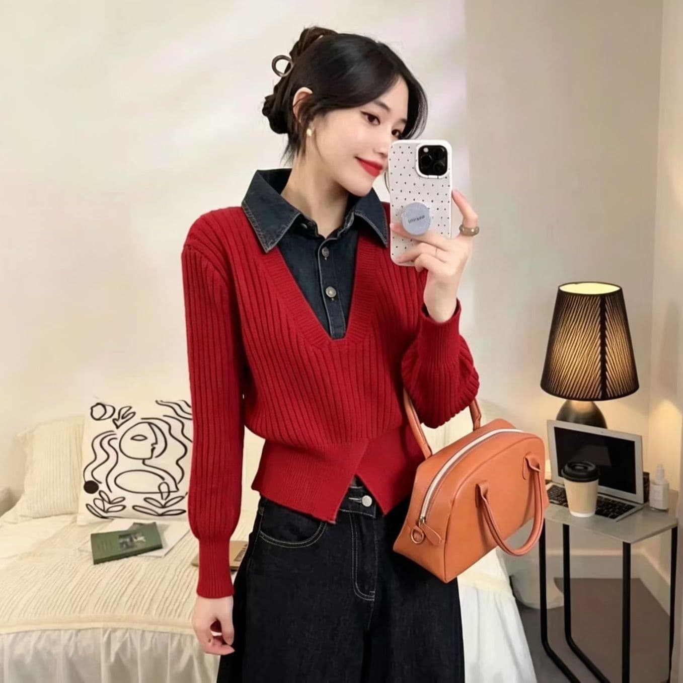 가을 겨울 새로운 작은 대중 디자인 센스 배색 페이크 레이어드 스웨터 여자 패치워크 스탠드 칼라 니트 스웨터 연령 감소 슬림해 보이는 재킷 이미지 2