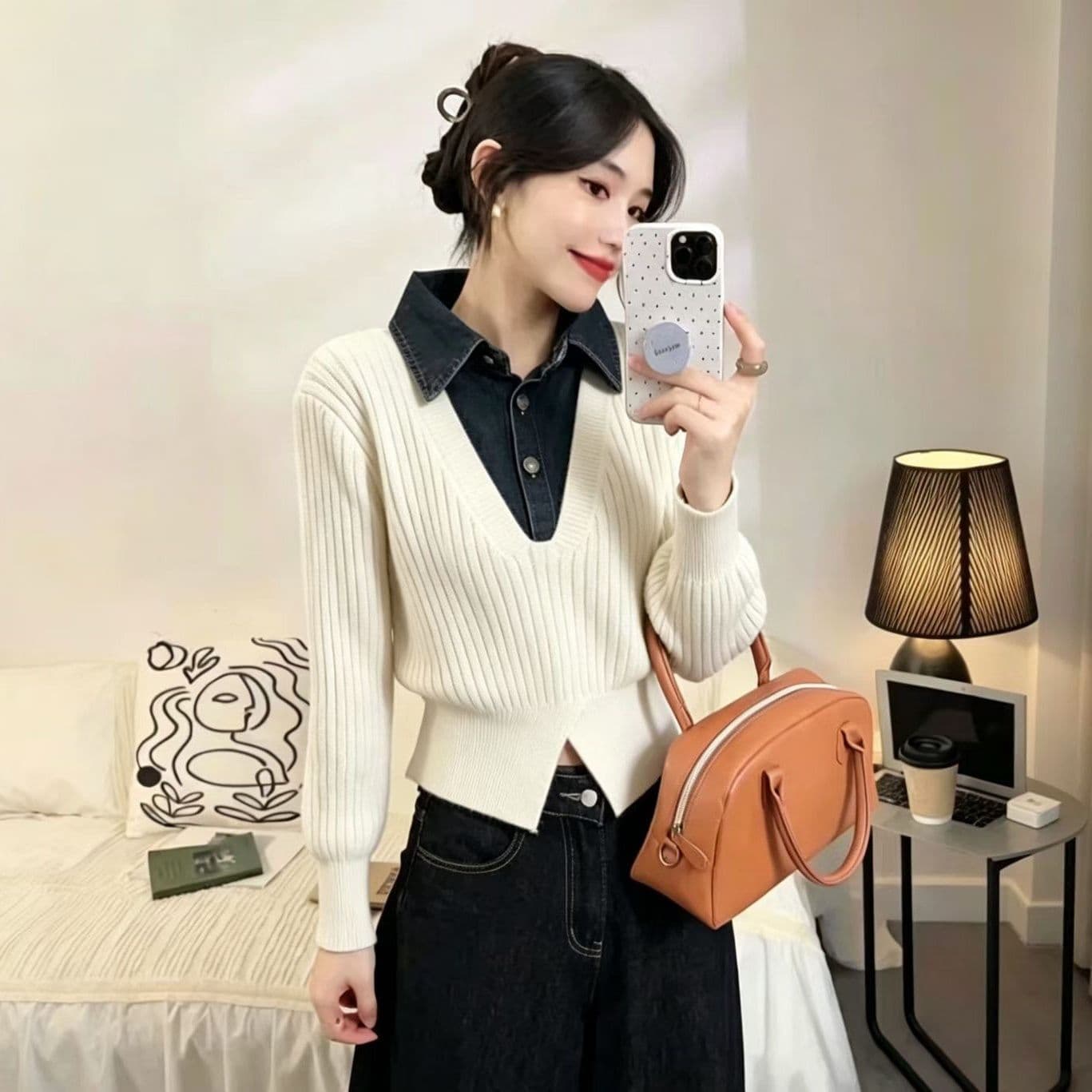 가을 겨울 새로운 작은 대중 디자인 센스 배색 페이크 레이어드 스웨터 여자 패치워크 스탠드 칼라 니트 스웨터 연령 감소 슬림해 보이는 재킷 상세 이미지 1