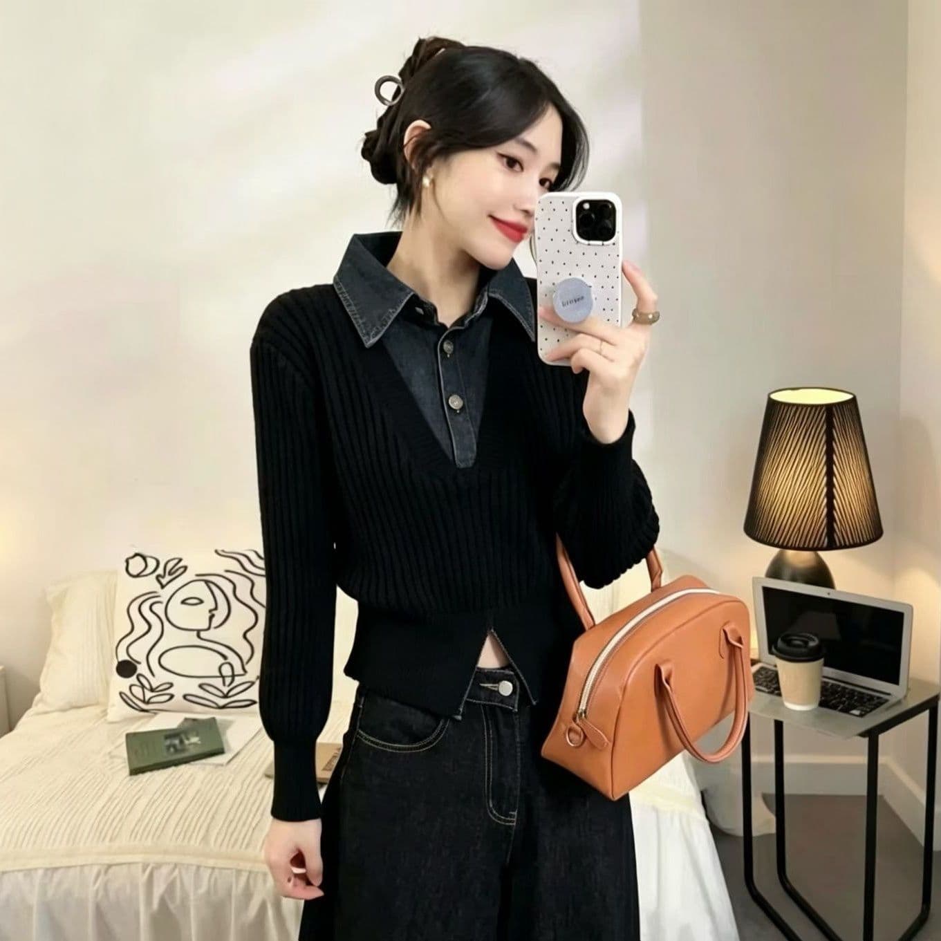 가을 겨울 새로운 작은 대중 디자인 센스 배색 페이크 레이어드 스웨터 여자 패치워크 스탠드 칼라 니트 스웨터 연령 감소 슬림해 보이는 재킷 상세 이미지 3