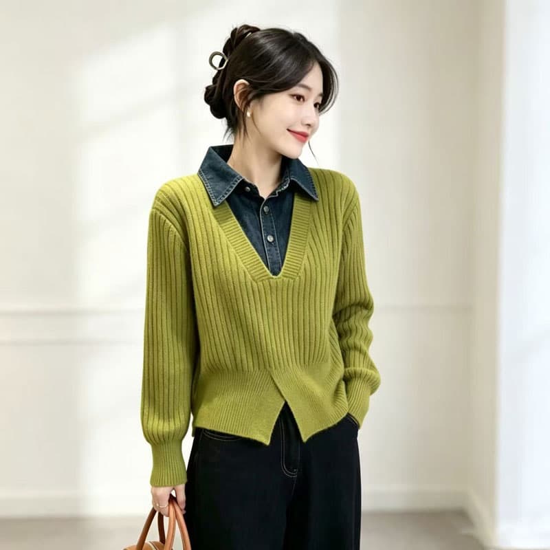 가을 겨울 새로운 작은 대중 디자인 센스 배색 페이크 레이어드 스웨터 여자 패치워크 스탠드 칼라 니트 스웨터 연령 감소 슬림해 보이는 재킷 상세 이미지 5