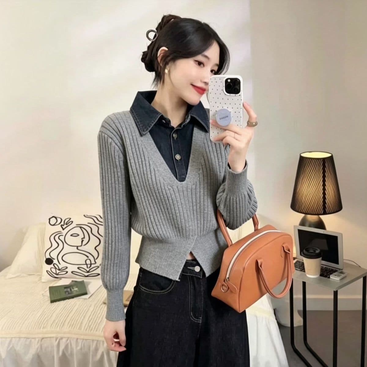 가을 겨울 새로운 작은 대중 디자인 센스 배색 페이크 레이어드 스웨터 여자 패치워크 스탠드 칼라 니트 스웨터 연령 감소 슬림해 보이는 재킷 상세 이미지 8