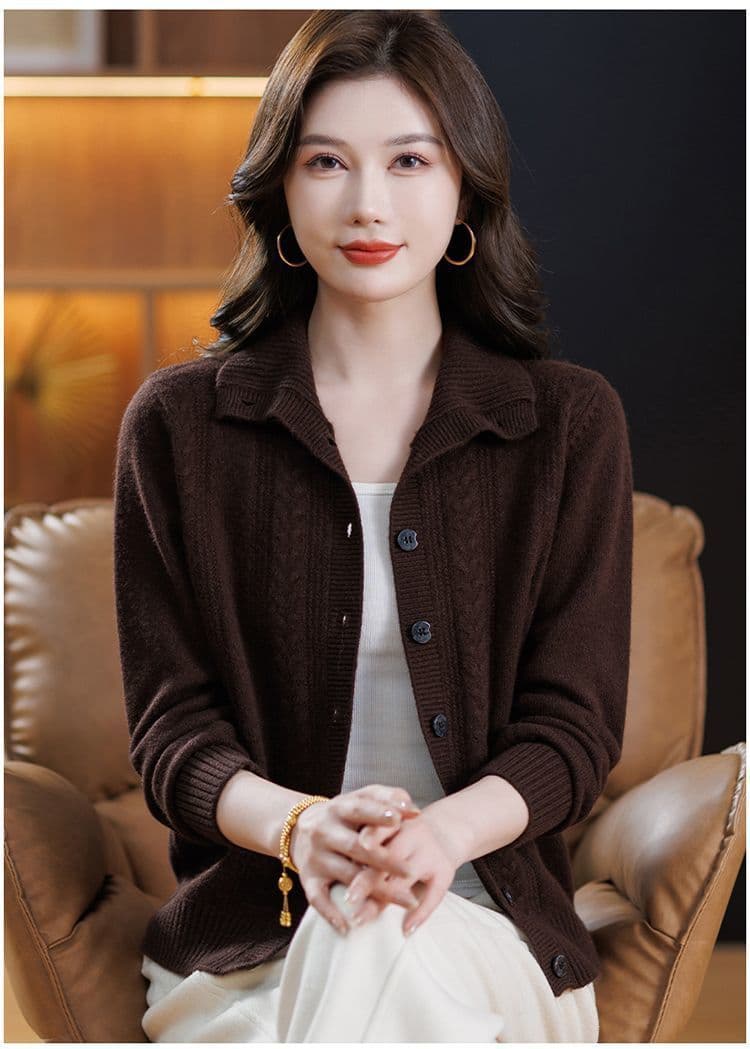 고급 양모 오픈 가디건 여성 새로운 엄마 스웨터 염소 털 재킷 두꺼운 외국 가스 폴로 칼라 니트 외부 잡아라. 의류 상세 이미지 13