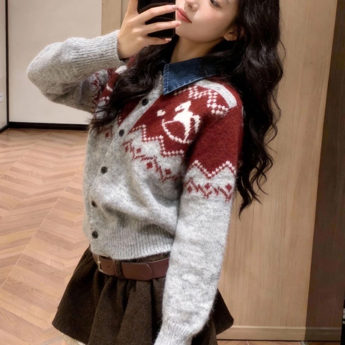 한 부서 패션 데님 칼라 패치워크 재킷 외국 가스 루즈핏 두꺼운 재킷 니트 스웨터 연령 감소 다용도 맨위 여성 상세 이미지 1