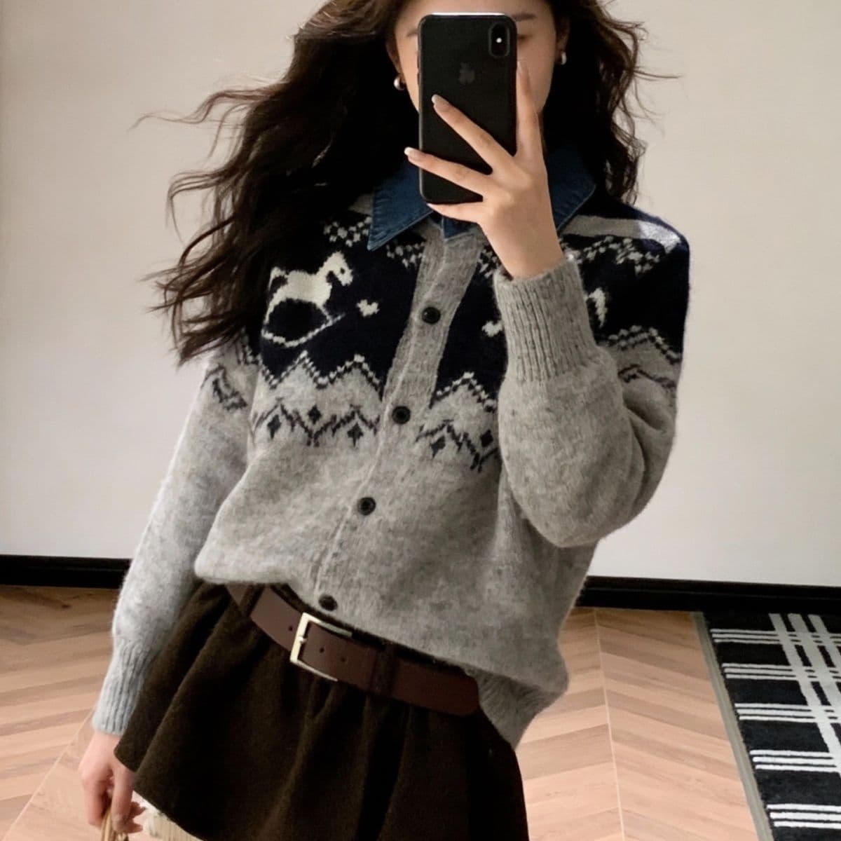 한 부서 패션 데님 칼라 패치워크 재킷 외국 가스 루즈핏 두꺼운 재킷 니트 스웨터 연령 감소 다용도 맨위 여성 상세 이미지 2