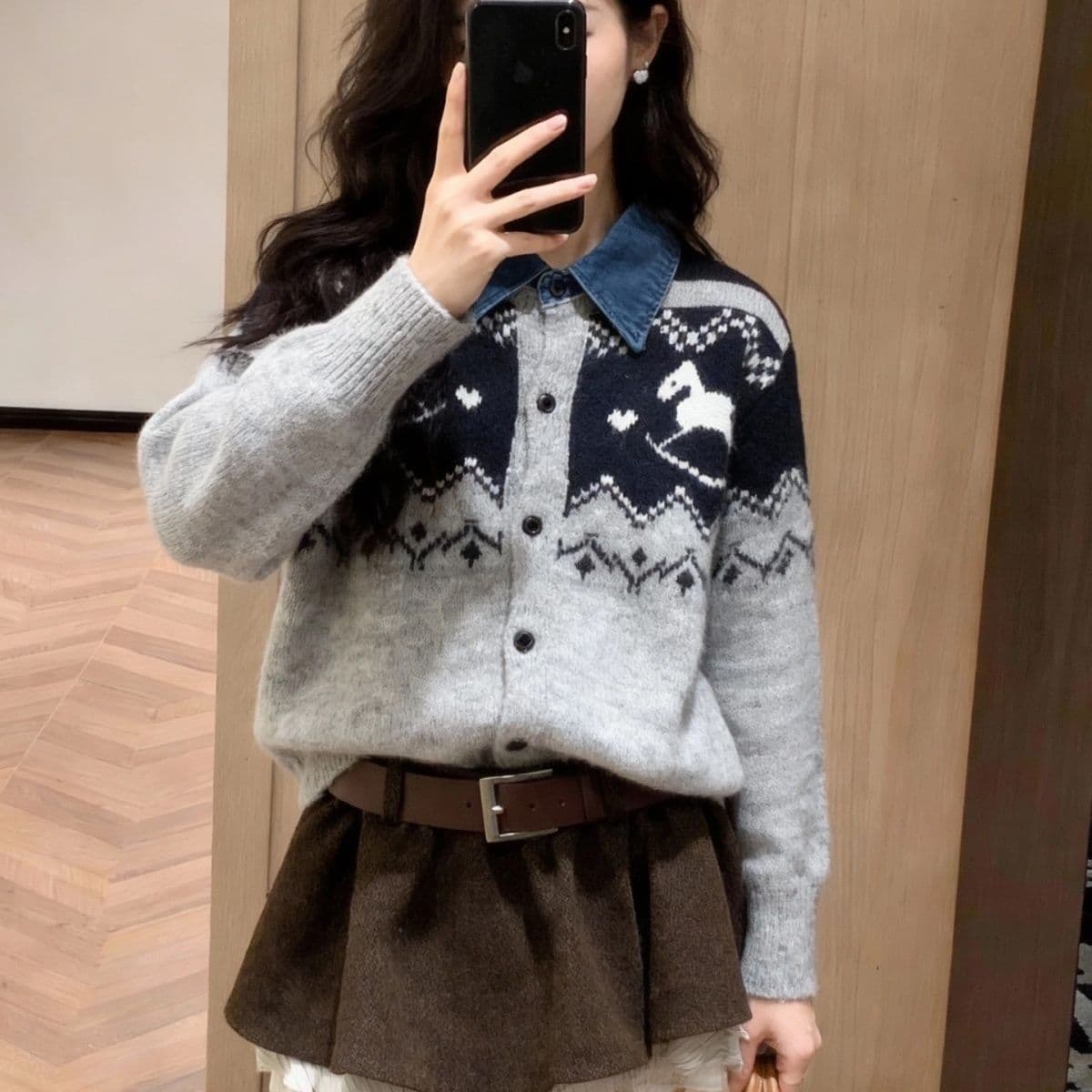 한 부서 패션 데님 칼라 패치워크 재킷 외국 가스 루즈핏 두꺼운 재킷 니트 스웨터 연령 감소 다용도 맨위 여성 상세 이미지 5