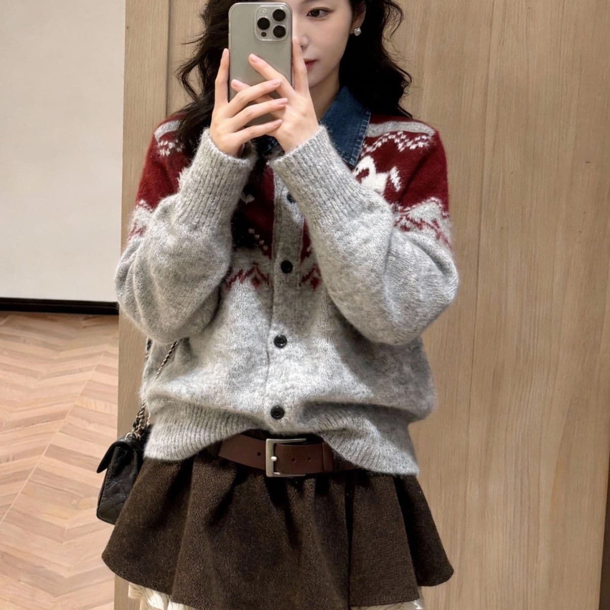 한 부서 패션 데님 칼라 패치워크 재킷 외국 가스 루즈핏 두꺼운 재킷 니트 스웨터 연령 감소 다용도 맨위 여성 상세 이미지 13