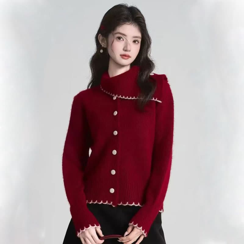 새로운 레트로 패션 배색 니트 스웨터 긴팔 루즈핏 연령 감소 슬림해 보이는 백 캐주얼 다용도 맨위 여성 상세 이미지 9