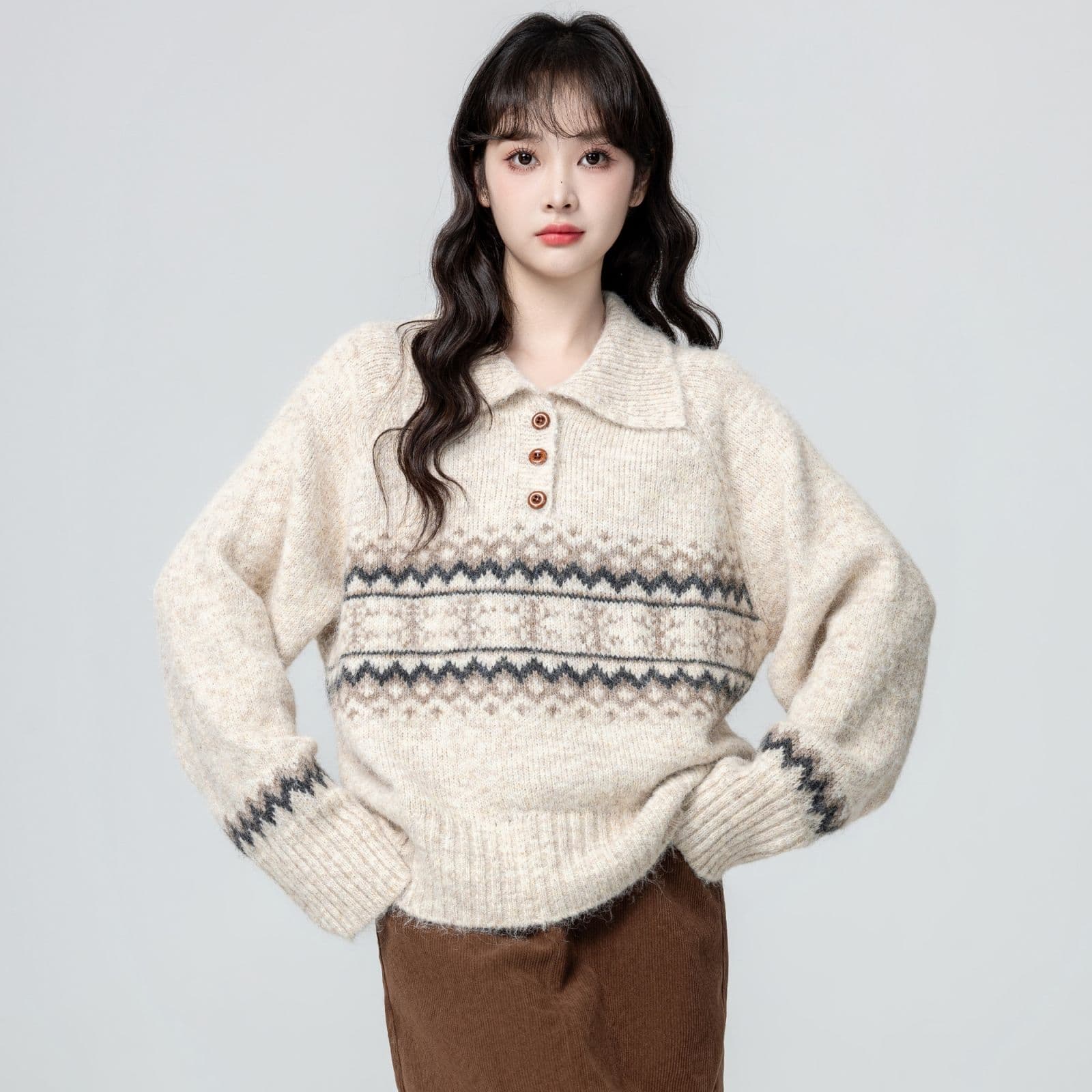공정한 섬 POLO 칼라 스웨터 여자 가을 겨울 새로운 와이드 부드러운 찹쌀 풀오버 두꺼운 니트 스웨터 보온 외출용 맨위