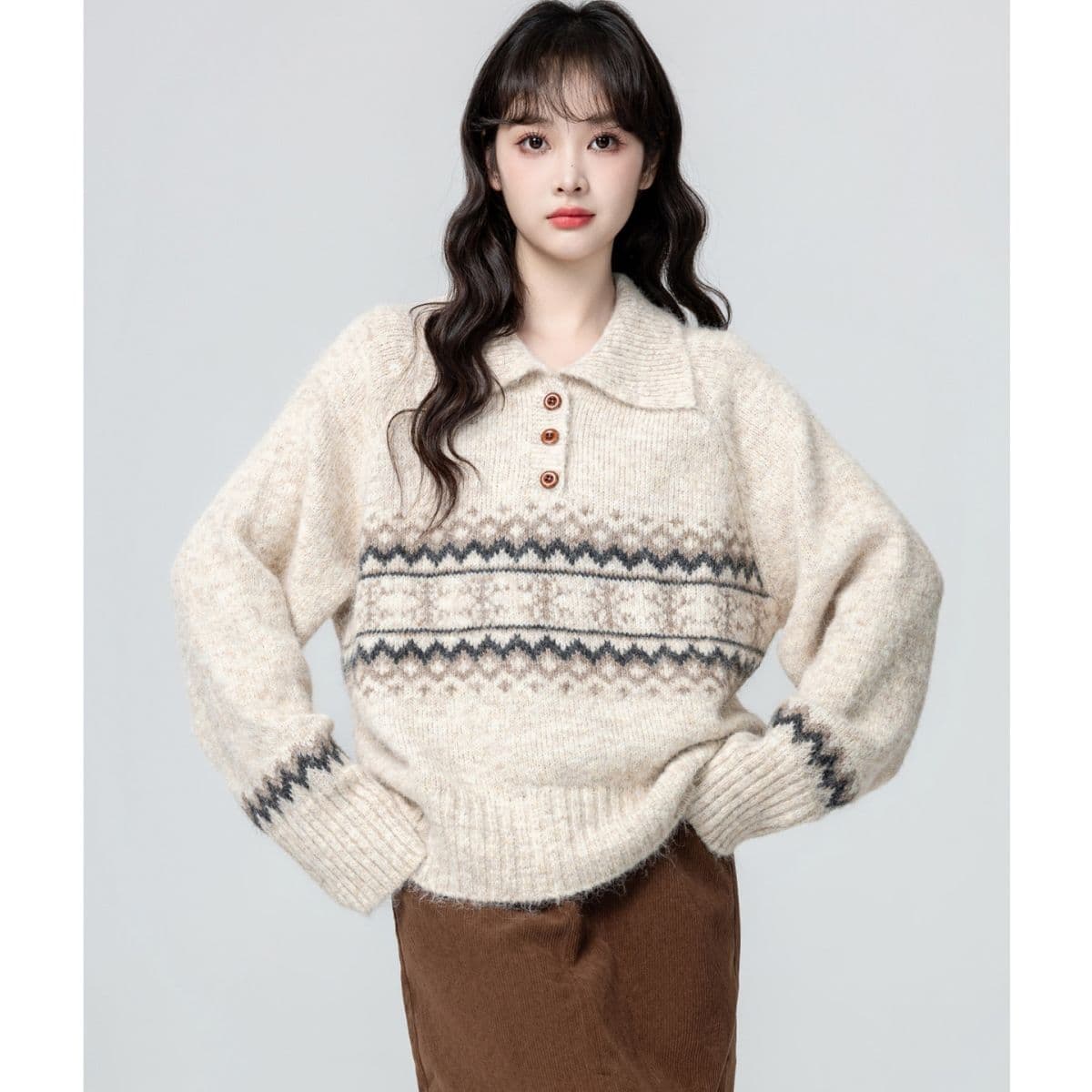 공정한 섬 POLO 칼라 스웨터 여자 가을 겨울 새로운 와이드 부드러운 찹쌀 풀오버 두꺼운 니트 스웨터 보온 외출용 맨위 상세 이미지 8
