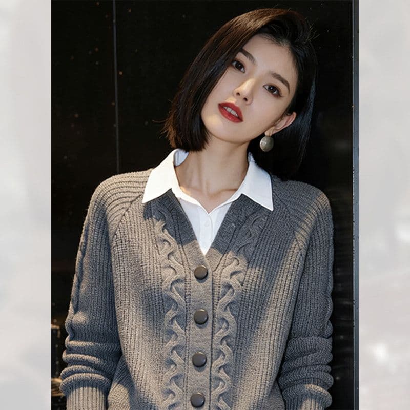 외국 가스 페이크 레이어드 회색 니트 스웨터 여성 봄 가을 2026 년 새로운 고유 한 Chic 스웨터 패션 작은 대중 맨위 상세 이미지 8