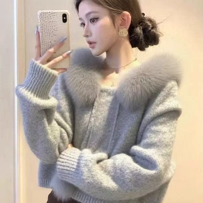 고급 한 부서 패션 모피 칼라 스웨터 후드 두꺼운 니트 새로운 가을 겨울 느긋한 슬림해 보이는 재킷 쇼트 스타일 맨위 상세 이미지 1