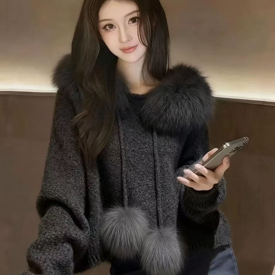 고급 한 부서 패션 모피 칼라 스웨터 후드 두꺼운 니트 새로운 가을 겨울 느긋한 슬림해 보이는 재킷 쇼트 스타일 맨위 상세 이미지 2