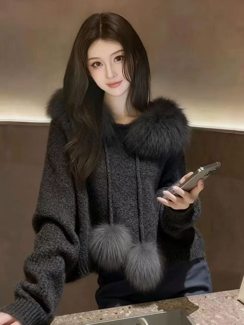 고급 한 부서 패션 모피 칼라 스웨터 후드 두꺼운 니트 새로운 가을 겨울 느긋한 슬림해 보이는 재킷 쇼트 스타일 맨위 상세 이미지 8