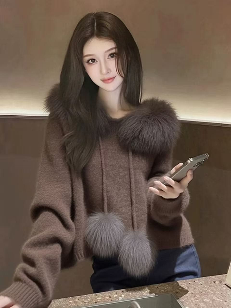 고급 한 부서 패션 모피 칼라 스웨터 후드 두꺼운 니트 새로운 가을 겨울 느긋한 슬림해 보이는 재킷 쇼트 스타일 맨위 상세 이미지 9
