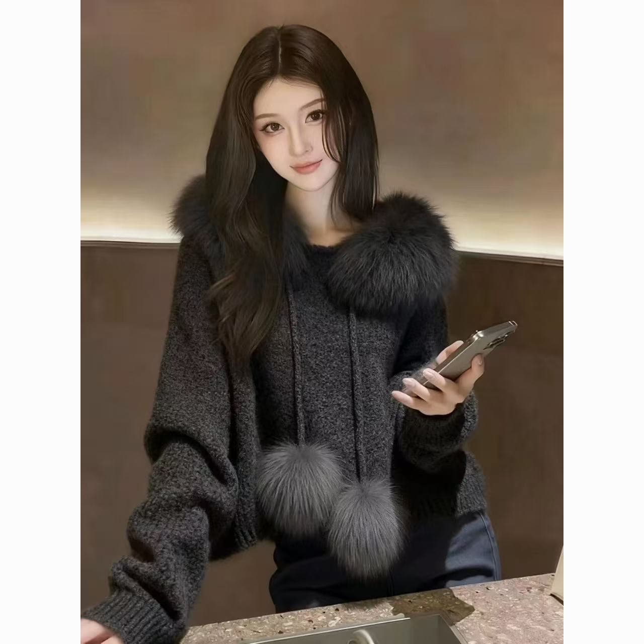고급 한 부서 패션 모피 칼라 스웨터 후드 두꺼운 니트 새로운 가을 겨울 느긋한 슬림해 보이는 재킷 쇼트 스타일 맨위 상세 이미지 13