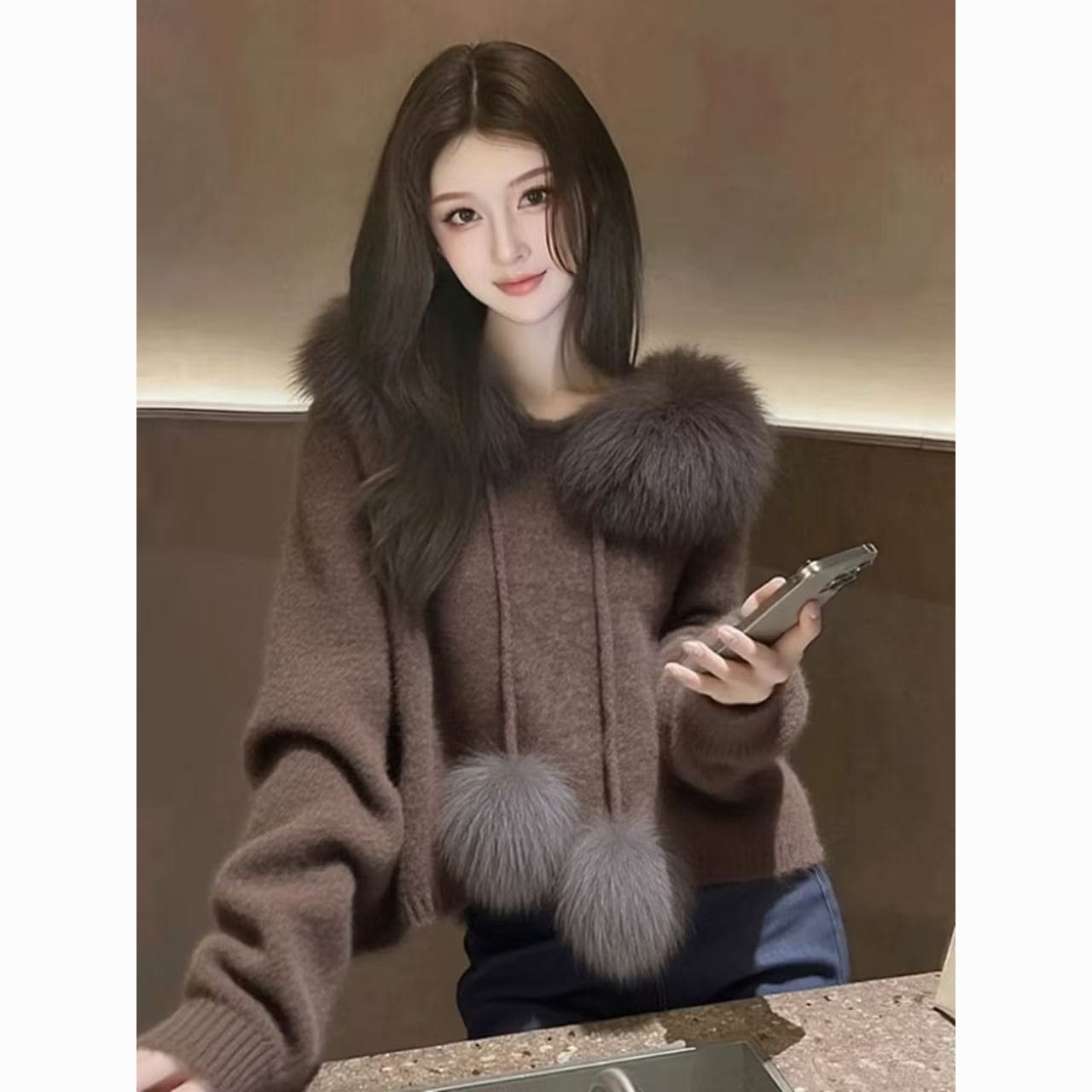 고급 한 부서 패션 모피 칼라 스웨터 후드 두꺼운 니트 새로운 가을 겨울 느긋한 슬림해 보이는 재킷 쇼트 스타일 맨위 상세 이미지 14
