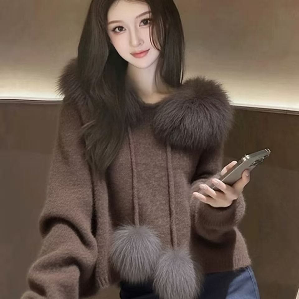 고급 한 부서 패션 모피 칼라 스웨터 후드 두꺼운 니트 새로운 가을 겨울 느긋한 슬림해 보이는 재킷 쇼트 스타일 맨위 상세 이미지 15