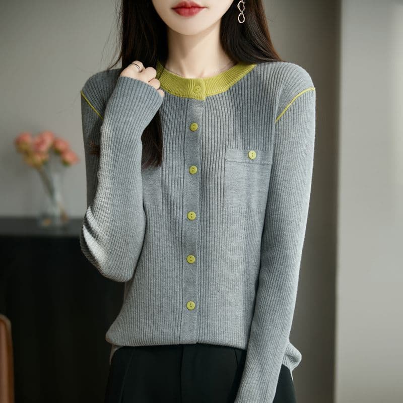 봄 가을 새로운 뽕나무 누에 실크 패션 니트 오픈 가디건 여성 라운드 넥 배색 다용도 연령 감소 긴팔 재킷 맨위 여성 상세 이미지 4