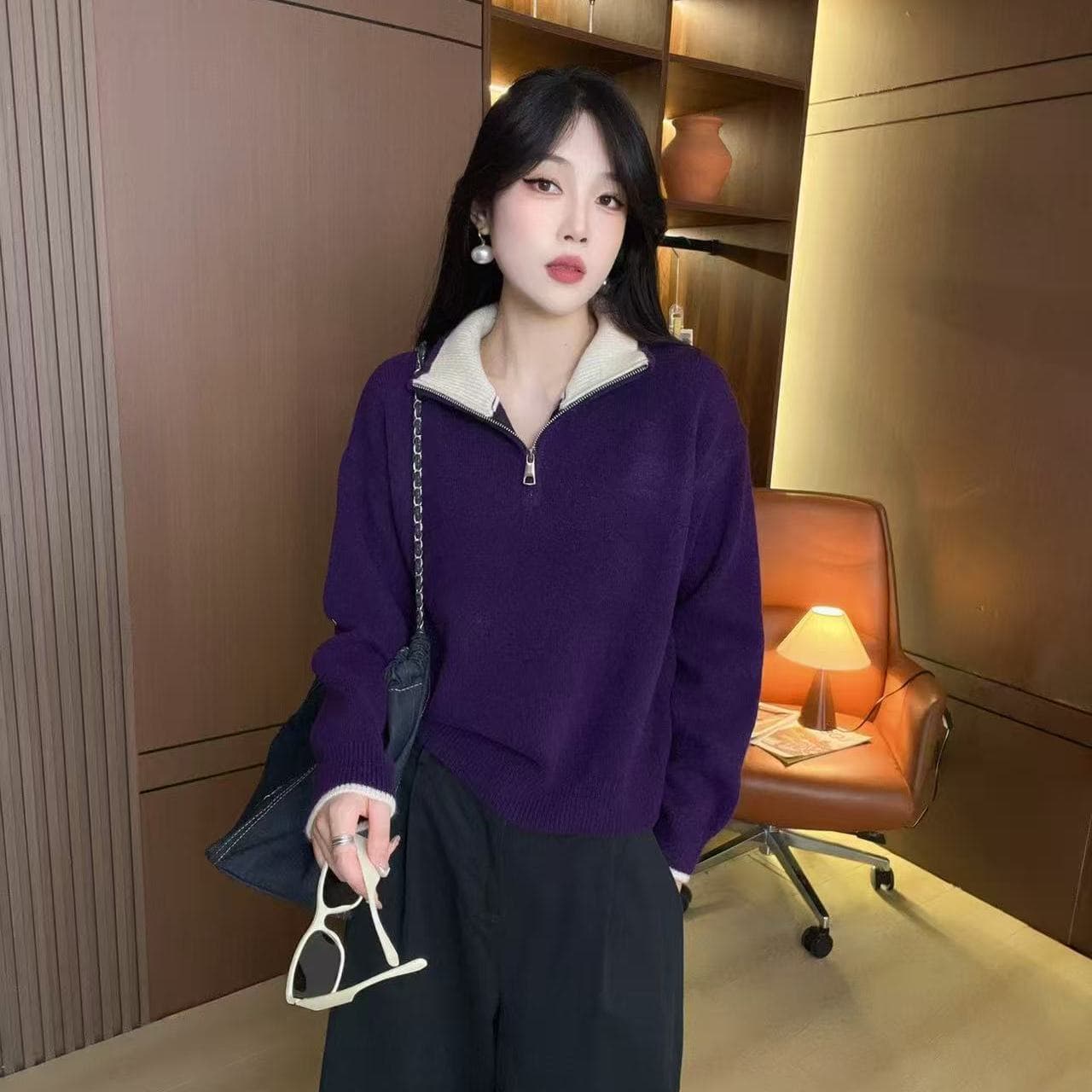 새로운 가을 겨울 캐주얼 다용도 반 개방 지퍼 니트 스웨터 루즈핏 패션 연령 감소 다용도 두꺼운 보온 맨위 여성 상세 이미지 3