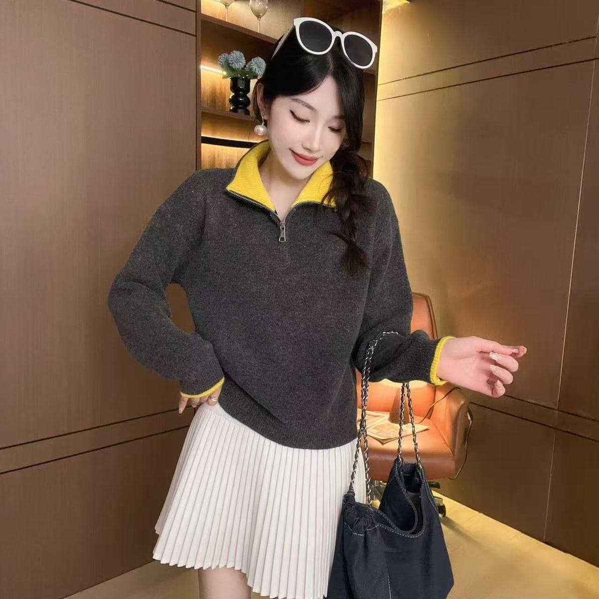 새로운 가을 겨울 캐주얼 다용도 반 개방 지퍼 니트 스웨터 루즈핏 패션 연령 감소 다용도 두꺼운 보온 맨위 여성 상세 이미지 7