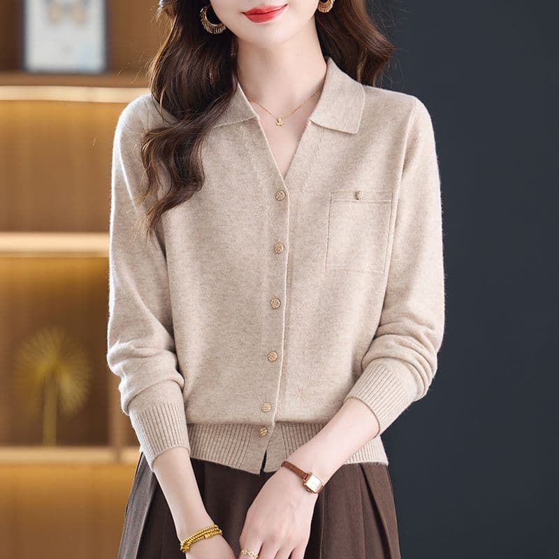 작은 샤넬 스타일 새로운 polo 오픈 가디건 폴로 칼라 니트 스웨터 패션 품격 루즈핏 스웨터 긴팔 니트 연령 감소 맨위 이미지 6