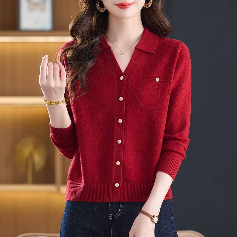 작은 샤넬 스타일 새로운 polo 오픈 가디건 폴로 칼라 니트 스웨터 패션 품격 루즈핏 스웨터 긴팔 니트 연령 감소 맨위 이미지 4