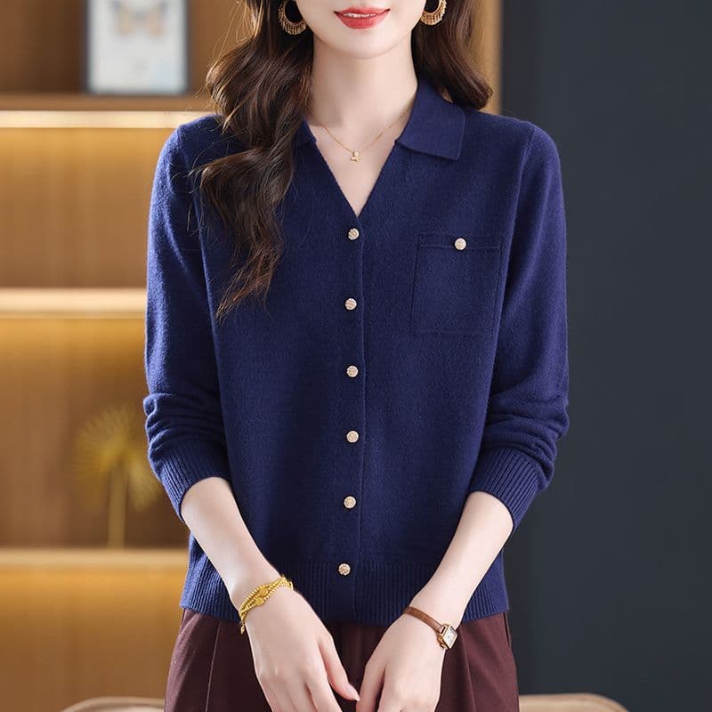 작은 샤넬 스타일 새로운 polo 오픈 가디건 폴로 칼라 니트 스웨터 패션 품격 루즈핏 스웨터 긴팔 니트 연령 감소 맨위 이미지 5