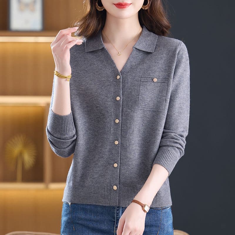 작은 샤넬 스타일 새로운 polo 오픈 가디건 폴로 칼라 니트 스웨터 패션 품격 루즈핏 스웨터 긴팔 니트 연령 감소 맨위 이미지 2