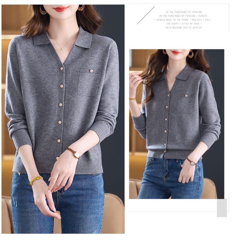 작은 샤넬 스타일 새로운 polo 오픈 가디건 폴로 칼라 니트 스웨터 패션 품격 루즈핏 스웨터 긴팔 니트 연령 감소 맨위 상세 이미지 3