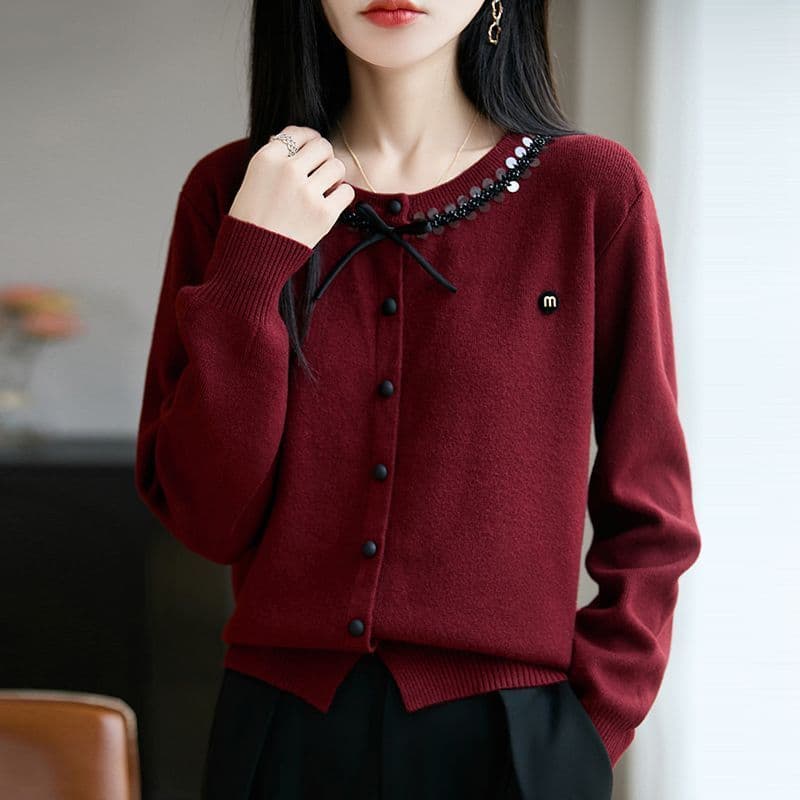 가을 겨울 새로운 양모 오픈 가디건 여성 루즈핏 긴팔 어머니 드레스 맨위 패션 라운드 넥 니트 스웨터 기본 셔츠 이미지 4