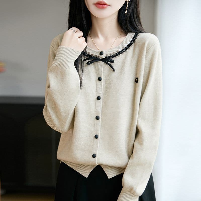 가을 겨울 새로운 양모 오픈 가디건 여성 루즈핏 긴팔 어머니 드레스 맨위 패션 라운드 넥 니트 스웨터 기본 셔츠 이미지 5