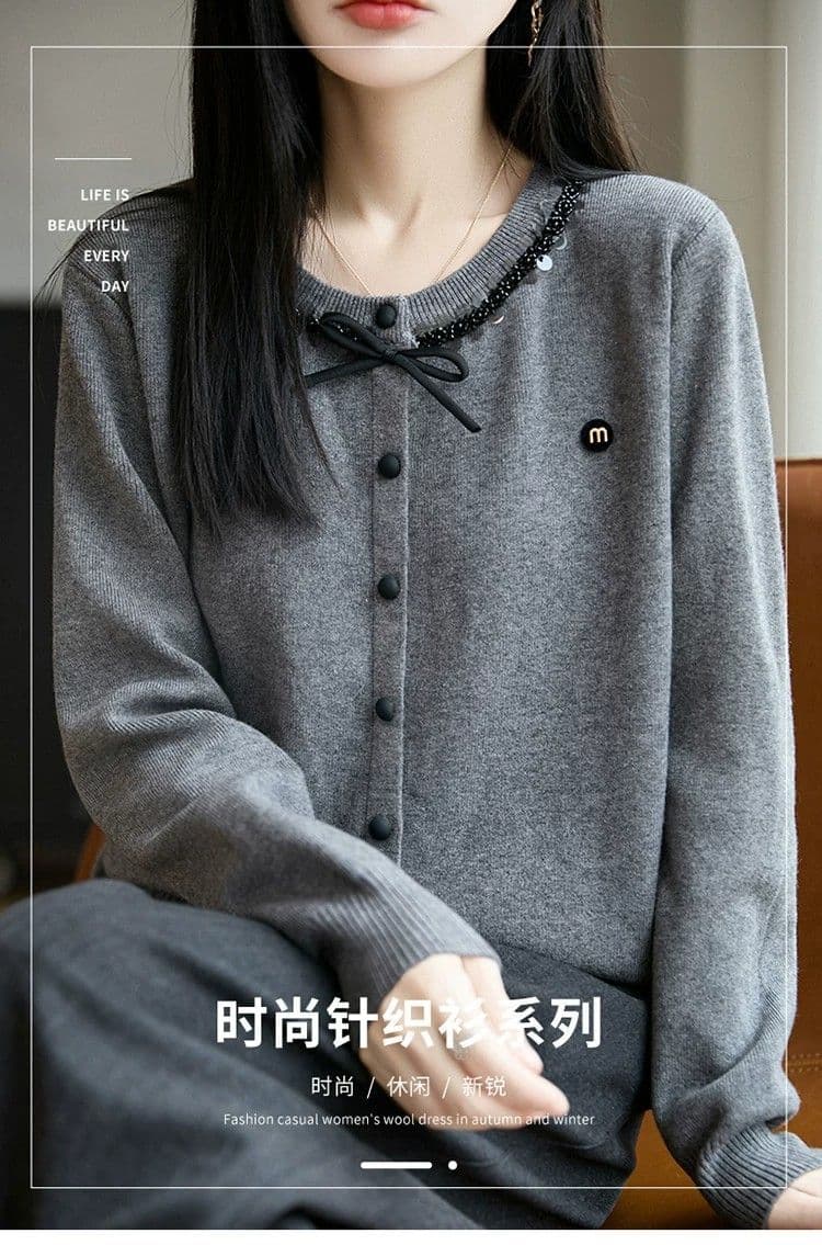 가을 겨울 새로운 양모 오픈 가디건 여성 루즈핏 긴팔 어머니 드레스 맨위 패션 라운드 넥 니트 스웨터 기본 셔츠 상세 이미지 1