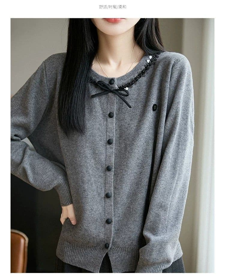 가을 겨울 새로운 양모 오픈 가디건 여성 루즈핏 긴팔 어머니 드레스 맨위 패션 라운드 넥 니트 스웨터 기본 셔츠 상세 이미지 10