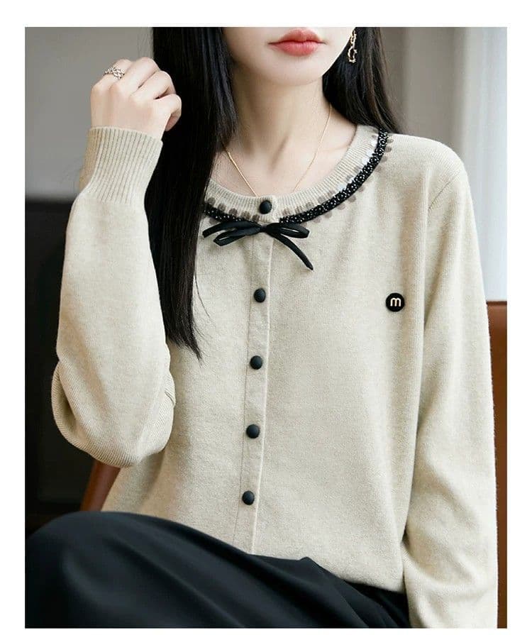 가을 겨울 새로운 양모 오픈 가디건 여성 루즈핏 긴팔 어머니 드레스 맨위 패션 라운드 넥 니트 스웨터 기본 셔츠 상세 이미지 11