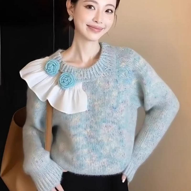 3 차원 꽃 스웨터 가을 겨울철 품격 빛 럭셔리 고급 센스 그레이트 봐라. 프랑스식 고급 사소한 허리 수축 니트 스웨터 상세 이미지 5