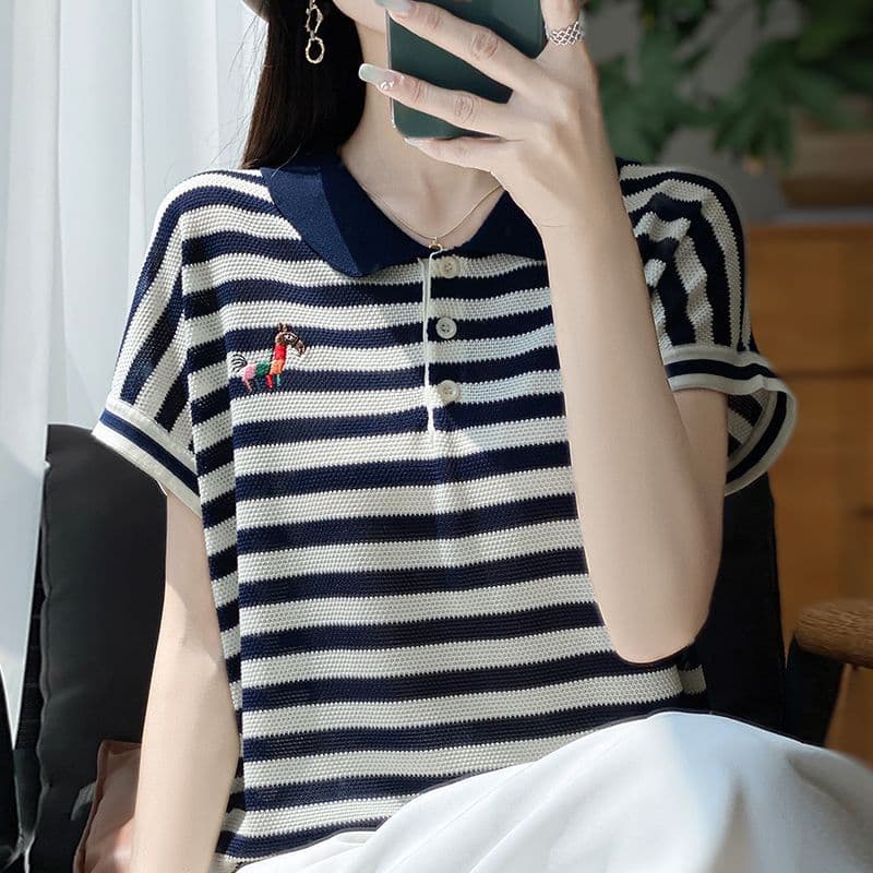 고급 뽕나무 누에 실크 반팔 티셔츠 새로운 여름 자수 패션 캐주얼 루즈핏 스트라이프 니트 스웨터 폴로 칼라 맨위 이미지 2