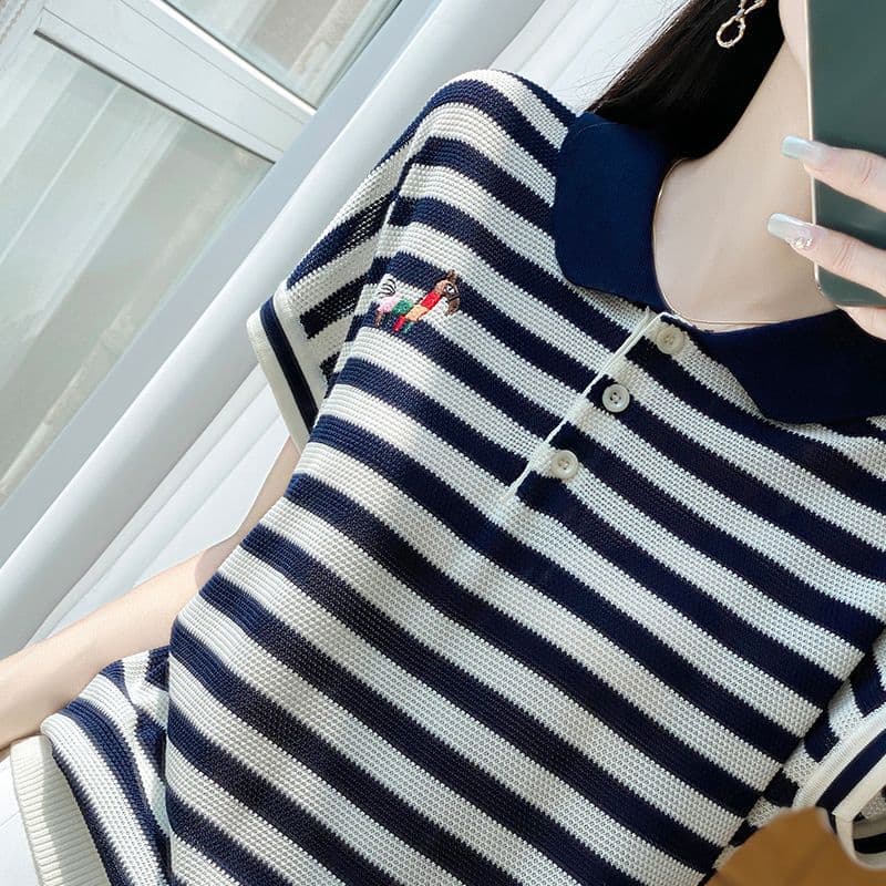 고급 뽕나무 누에 실크 반팔 티셔츠 새로운 여름 자수 패션 캐주얼 루즈핏 스트라이프 니트 스웨터 폴로 칼라 맨위 이미지 4