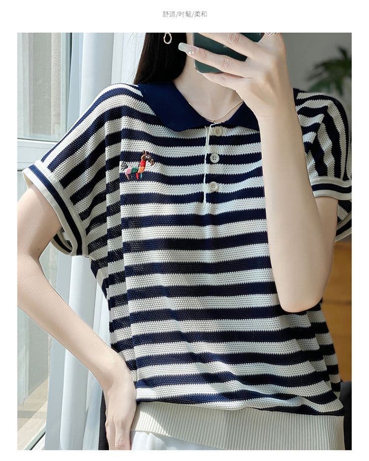 고급 뽕나무 누에 실크 반팔 티셔츠 새로운 여름 자수 패션 캐주얼 루즈핏 스트라이프 니트 스웨터 폴로 칼라 맨위 상세 이미지 10