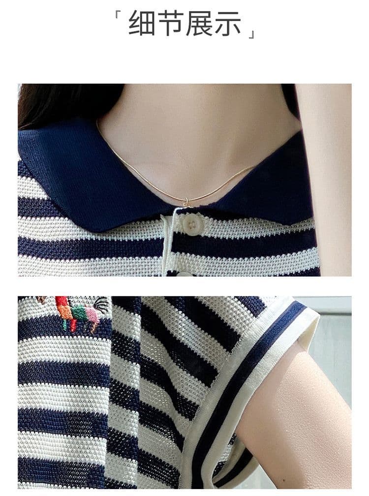 고급 뽕나무 누에 실크 반팔 티셔츠 새로운 여름 자수 패션 캐주얼 루즈핏 스트라이프 니트 스웨터 폴로 칼라 맨위 상세 이미지 11