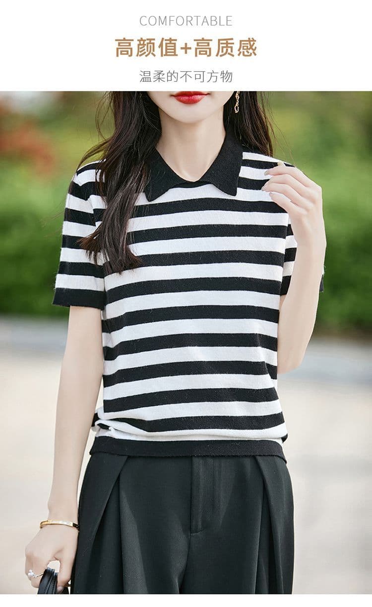 POLO 칼라 스트라이프 반팔 티셔츠 여성 여름 새로운 고급 센스 주간 실크 니트 스웨터 동정 얇은 스타일 루즈핏 맨위 상세 이미지 1