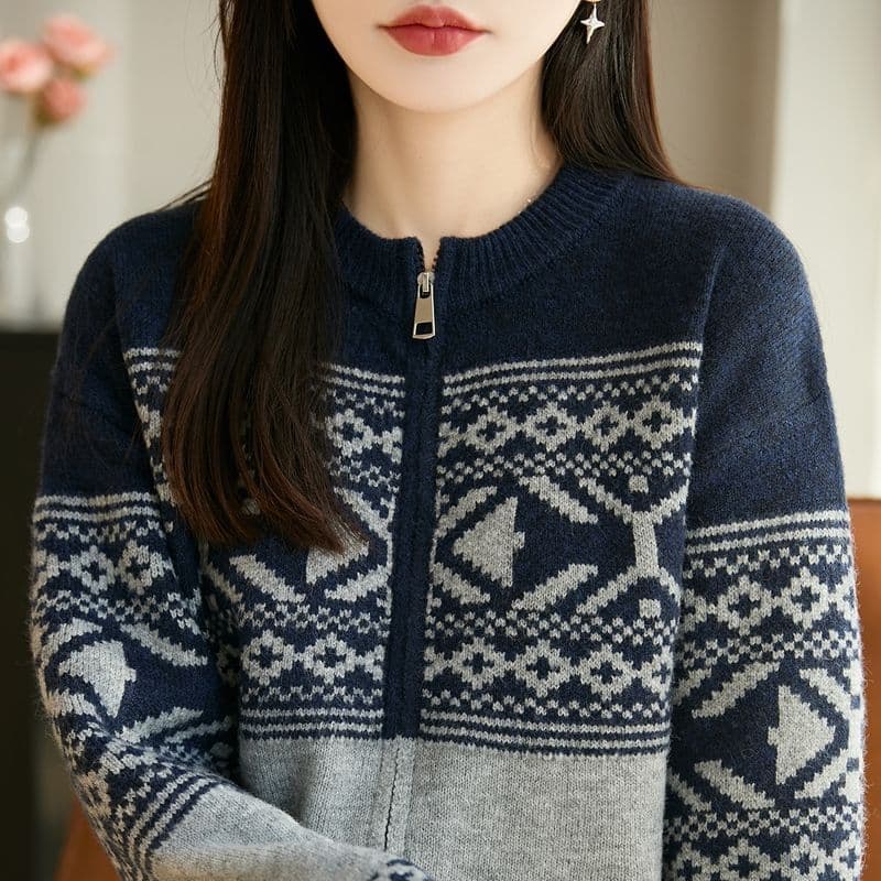 레트로 공정한 섬 자카드 니트 스웨터 재킷 가을 겨울 새로운 더블 지퍼 오픈 가디건 라운드 넥 루즈핏 스웨터 여성 셔츠 이미지 3