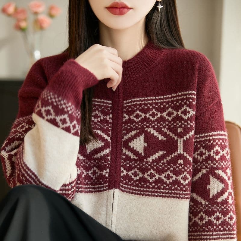 레트로 공정한 섬 자카드 니트 스웨터 재킷 가을 겨울 새로운 더블 지퍼 오픈 가디건 라운드 넥 루즈핏 스웨터 여성 셔츠 이미지 4