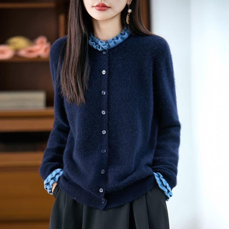 정통 인출 전단 표준 프릴 레이스 페이크 레이어드 니트 오픈 가디건 가을 겨울 새로운 연령 감소 스웨터 코트 맨위 이미지 2