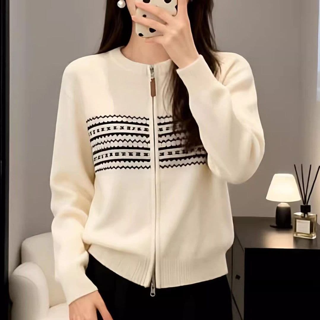 봄 가을 새로운 카운터 품질 라운드 넥 스트라이프 지퍼 카디건 코트 여성 셔츠 슬림해 보이는 캐주얼 다용도 니트 스웨터 이미지 4