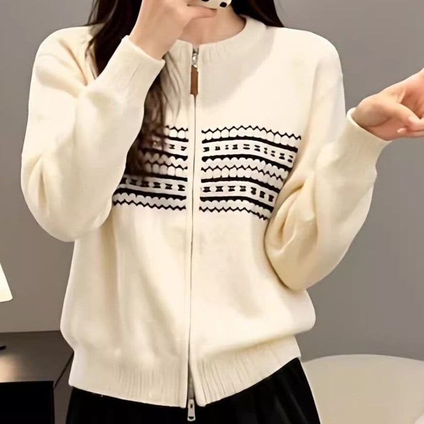 봄 가을 새로운 카운터 품질 라운드 넥 스트라이프 지퍼 카디건 코트 여성 셔츠 슬림해 보이는 캐주얼 다용도 니트 스웨터 상세 이미지 1
